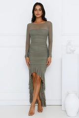 Fashion Exhibition Long Sleeve Mesh Maxi Dress Olive