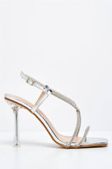 Sorrento Diamante Strap Square Toe Heel Sandal in Silver Heels Miss Diva