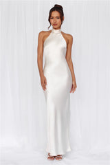 The Cleo Halter Satin Maxi Dress Pearl