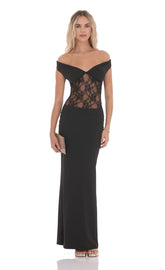 Off Shoulder Lace Cutout Maxi Dress in Black