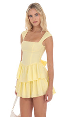 Floral Jacquard Wide Strap Ruffle Dress in Yellow