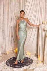 The Cleo Halter Satin Maxi Dress Sage