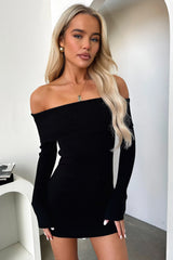 Aaliyah Off Shoulder Knit Mini Dress - Black