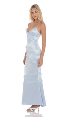 Satin V-Neck Ruffle Mermaid Maxi Dress in Light Blue