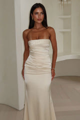 Ophelia Strapless Embellished Satin Maxi Dress - Champagne