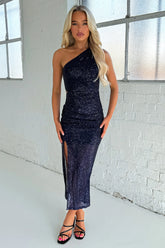 Dura One Shoulder Sequin Midi Dress - Navy