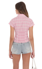 Button-Up Ruffle Top in Pink Plaid