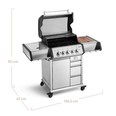 EARL Premium-Gasgrill 3-Brenner seitlich mit geöffnetem Deckel mit Maßen: Länge 136,5 cm Höhe 151 cm Tiefe 62 cm + 946476