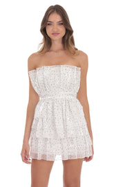 Tiered Polka Dot Strapless Dress in White