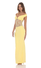 Off Shoulder Lace Cutout Maxi Dress in Yellow