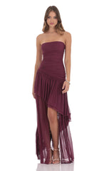 Mesh Asymmetrical High Low Maxi Dress in Plum