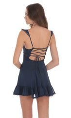 Shimmer Ruffle Fit and Flare Dress in Navy