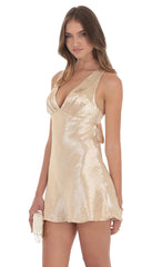 Satin V-Neck Open back Dress in Gold