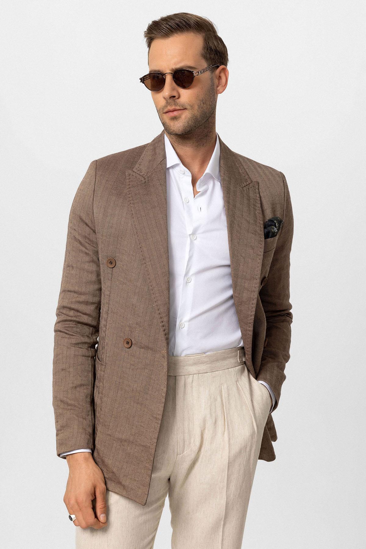 Antioch-Kahve Balıksırtı Desenli Erkek Blazer Ceket-Blazer Ceket-1-Milagron.com