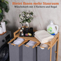 iEGrow Wäschekorb 3 Fächer mit Rollen und Ablage, Bambus