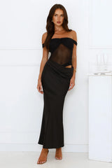 Silent Dreams Mesh Satin Off Shoulder Maxi Dress Black