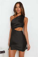 Dreamcatcher Satin One Shoulder Mini Dress Black