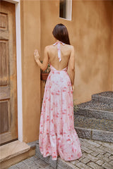 Sale-Dress Palm Tree Island Halter Maxi Dress Pink