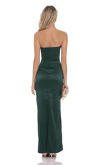 Satin V-Strapless Maxi Dress in Green