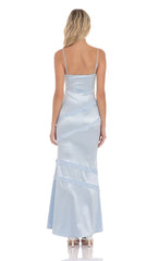 Satin V-Neck Ruffle Mermaid Maxi Dress in Light Blue