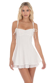 Chevron Double Bows Ruffle Dress in White