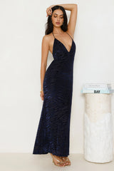 Zebra Charm Halter Maxi Dress Navy