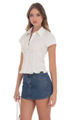Button-Up Ruffle Top in White Stripes
