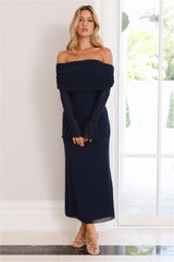 Decadence Off Shoulder Mesh Maxi Dress Navy
