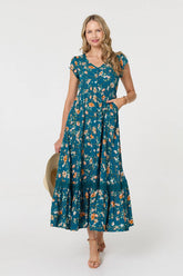 Teal | Floral Cap Sleeve Lace Trim Maxi Dress