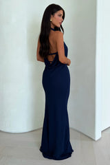 Amedeo Plunge Halter Neck Maxi Dress - Navy