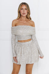 Shiny Side Off Shoulder Sequin Long Sleeve Top Beige