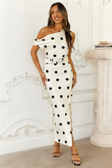 Meet Your Dream Off Shoulder Satin Midi Dress Ivory