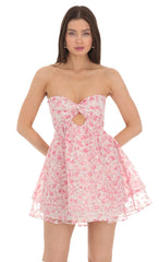 Floral Shimmer Cutout Babydoll Dress in Pink
