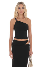 One Shoulder Embellished Top in Black