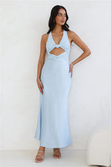 Dream Design Halter Satin Maxi Dress Blue