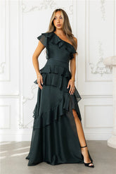 Autumn's Embrace One Shoulder Maxi Dress Hunter Green