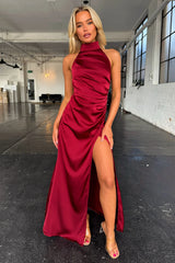 Arabelle High Neck Satin Maxi Dress - Burgundy