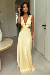 Emeline V-Neck Satin Maxi Dress - Yellow