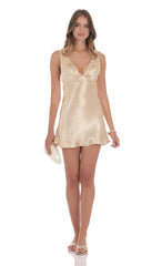 Satin V-Neck Open back Dress in Gold