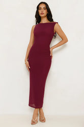 Sapphire Tide Off Shoulder Mesh Maxi Dress Burgundy