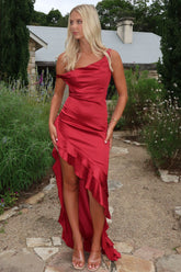 Daenerys Off Shoulder Satin Maxi Dress - Burgundy