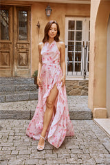 Sale-Dress Palm Tree Island Halter Maxi Dress Pink