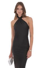 Satin Cross Halter Maxi Dress in Black