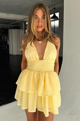 April Tiered Halter Mini Dress - Yellow