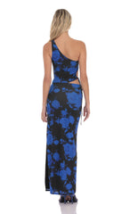 Floral One Shoulder Cutout Maxi Dress in Black and Blue