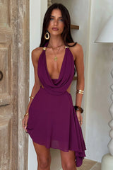 Seraya Plunge Halter Mini Dress - Plum