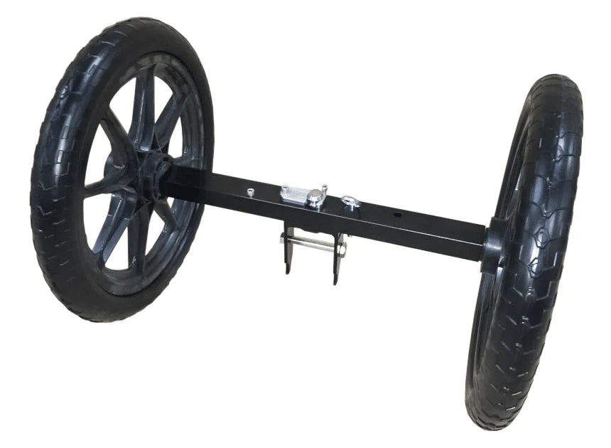 Two large black wheels attached to a metal frame on a white background