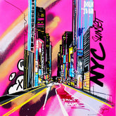 new york city street with skyscraper buildings graphic pop illustration on pink spray paint background