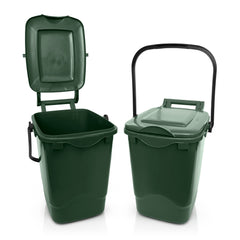 Green bins made form 100% recycled plastic on a white background