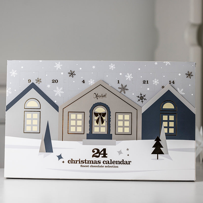 Julekalender fra Xocolatl til en person. Fyldt med fyldte chokolader. Køb online hos Delikatessehuset.
